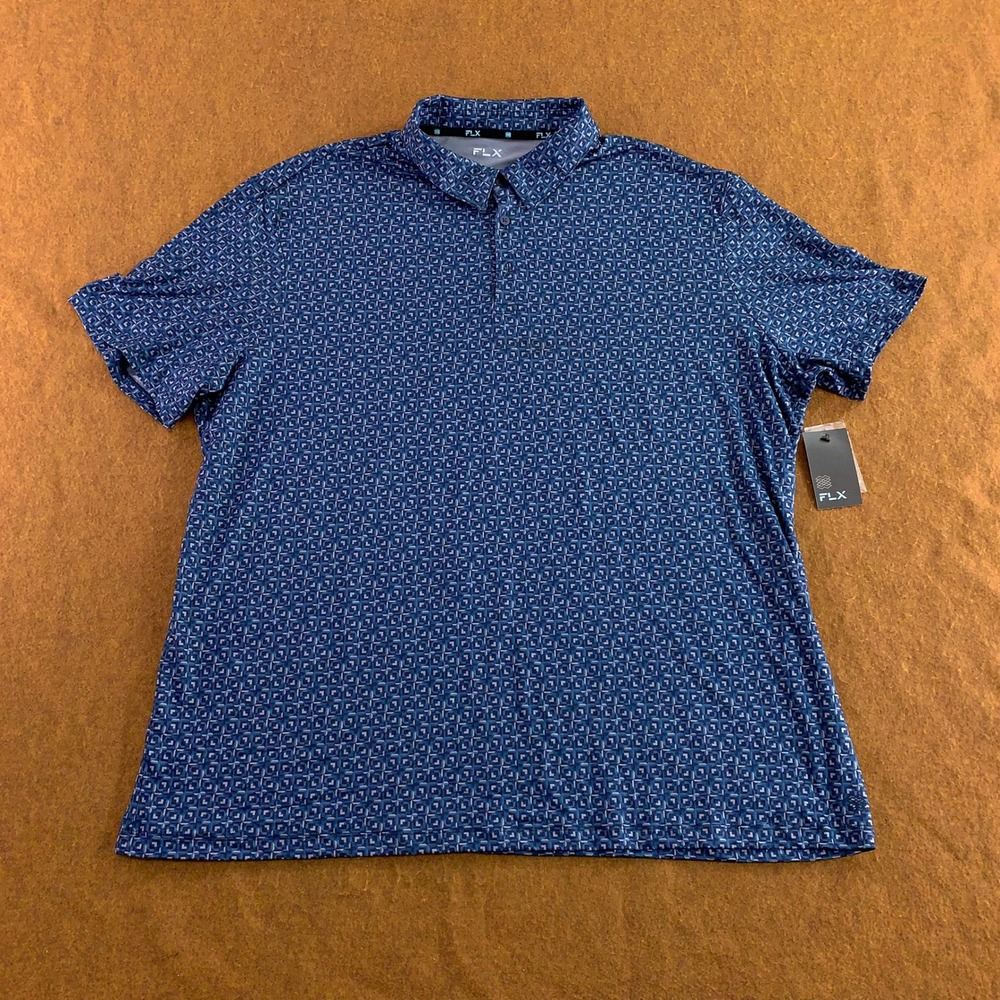 FLX Mens XXL Blue Geometric Wander Luxury Soft Wicking Polo Shirt NWT